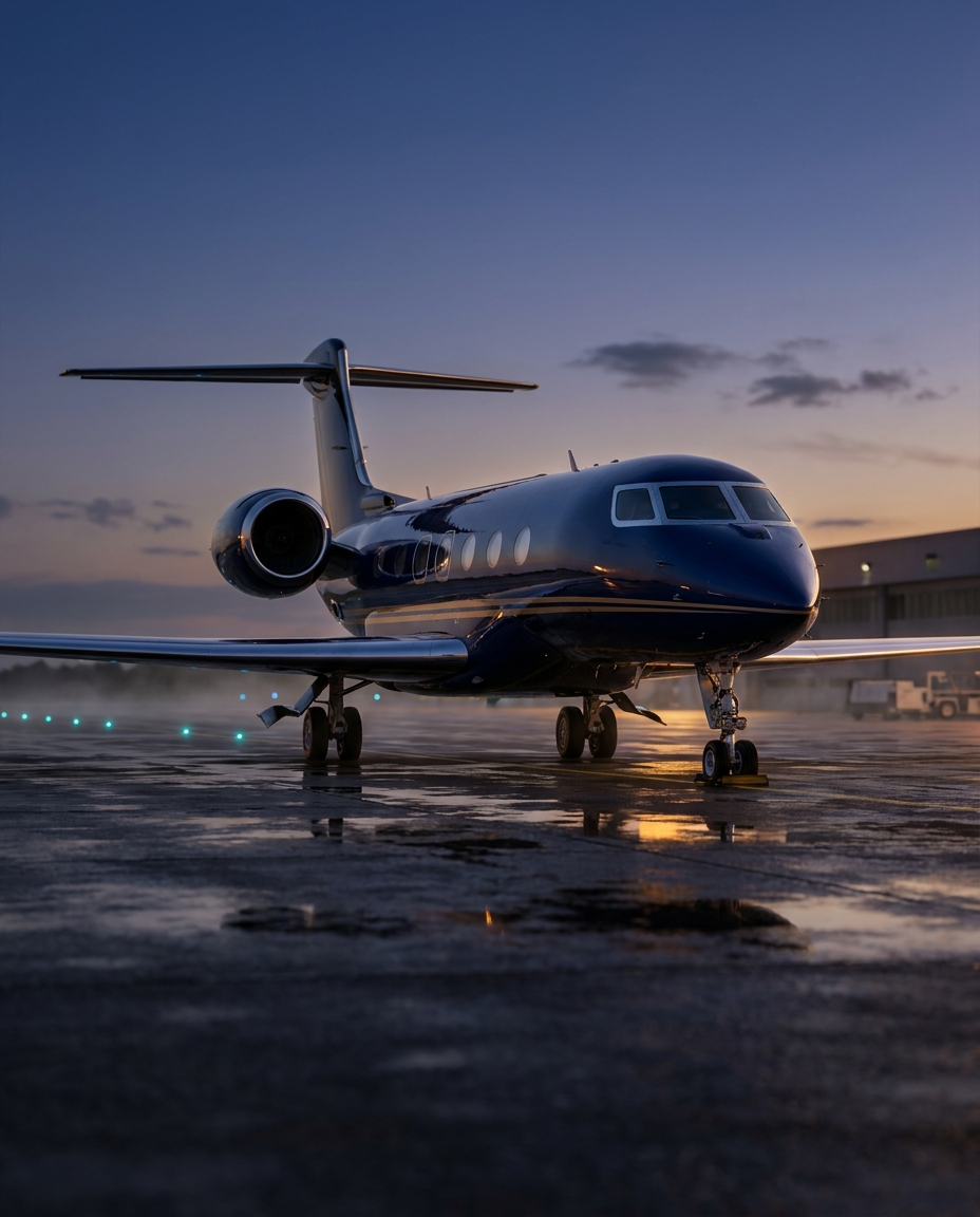 Private business jet on an airport ramp at dusk